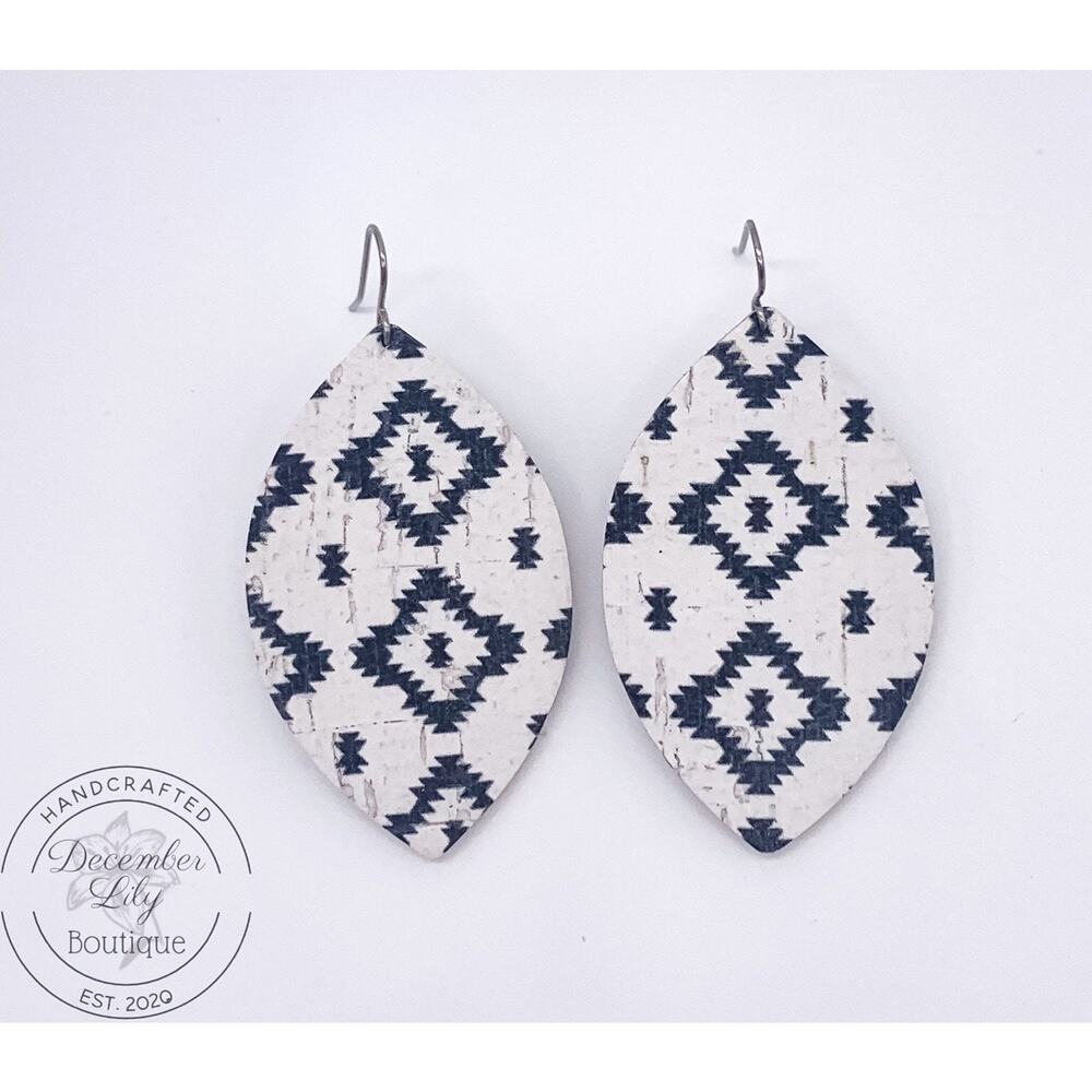 Black and White Aztec Cork Petal Cork/Leather Earrings